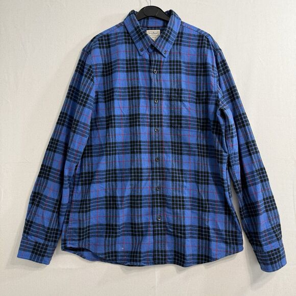 LL Bean Flannel Shirt Mens Large Slim Plaid Blue Black Red Western Cowboy USA - Picture 1 of 7